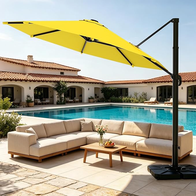 AreShark 11FT Round Cantilever Patio Umbrella with Base Included, 360° Rotation Offset Outdoor Umbrella, 5 Tilt Settings Heavy Duty Hanging Parasol for Deck Garden Pool, Yellow