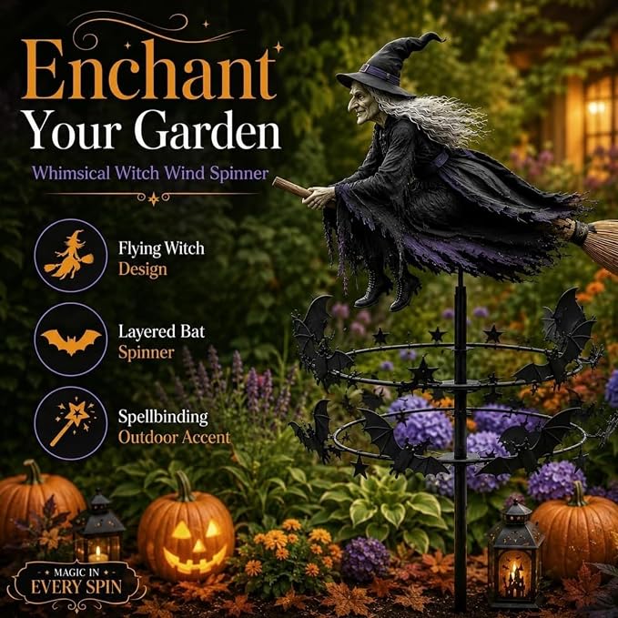 The Enchanted Witch Garden Wind Spinner, Metal Halloween Yard Art Outdoor Decor, Outdoor Garden Stake Decoration, Halloween Lawn Ornament, for Garden Patio Pathway Fall Decorations (2PCS)