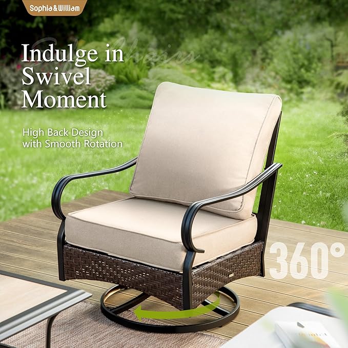 Sophia & William Patio Furniture Set, Outdoor Metal Conversation Set 9 Seats with 3-Seater Sofa, 2 Swivel Chairs, 1 Loveseat, 2 Ottoman, 1 Coffee Table for Seating, Lawn Porch Backyard,Beige