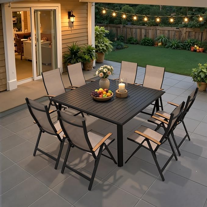 Pellebant Aluminum Outdoor Patio Dining Table for 8, Weather-Resistant Sturdy Frame and 57" Square Top with Umbrella Hole for Deck, Porch, Backyard