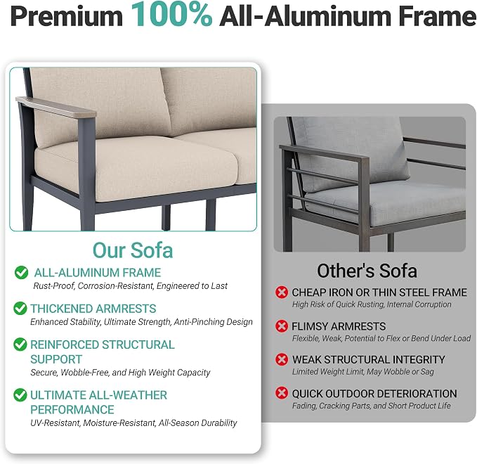 Aluminum Outdoor Patio Furniture Set 7-Seat, Patio Conversation Set Sectional Furniture Set with High Backrest & Thickened Cushions for Garden, Backyard, Poolside, Sand