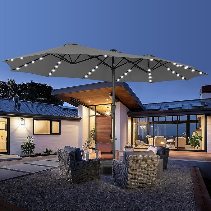 15 ft Patio Umbrella with 48 LED Lights, Large Rectangle Outdoor Solar Umbrella with Matching Base, Strap, Crank, Grey