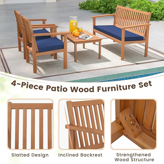 Tangkula 4 Piece Patio Wood Furniture Set, Acacia Wood Sofa Set w/Loveseat, 2 Chairs & Coffee Table, Soft Seat Cushions, Outdoor Wood Furniture Set for Porch, Yard, Balcony (Navy)