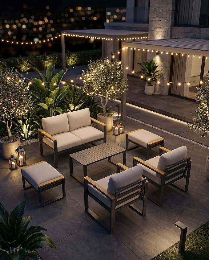 Aluminum Patio Loveseat and Coffee Table Set - Modern All-Weather Outdoor Furniture - Washable Thick Cushions - Rust Resistant, Easy Assembly - Ideal for Balcony, Garden, Deck, Backyard - Beige