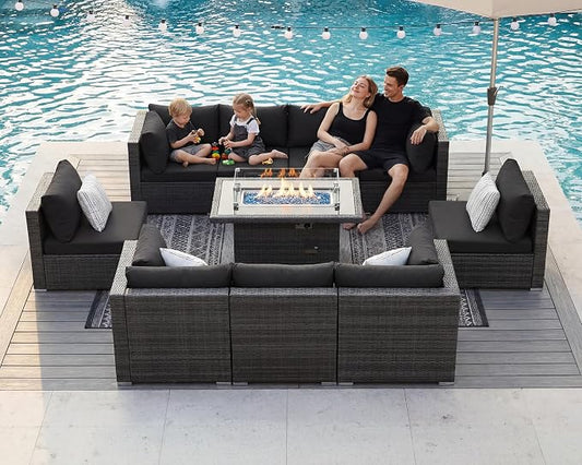 BULEXYARD 9 Piece High Back Outdoor Sectional Seating with Fire Pit Table, Heavy Duty Sturdy Wicker Patio Set Conversation Couch Sofa, Extra Wide Deep Large 8-Person Deck Furniture Set, Grey & Black
