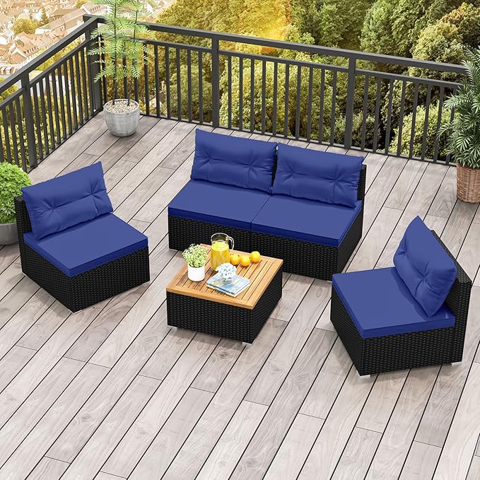 5 Pieces Patio Furniture Set, Outdoor Sectional Sofa with Acacia Wood Coffee Table & Cushions, Wicker Patio Conversation Set for Porch, Deck, Balcony, Poolside & Backyard (Navy Blue)