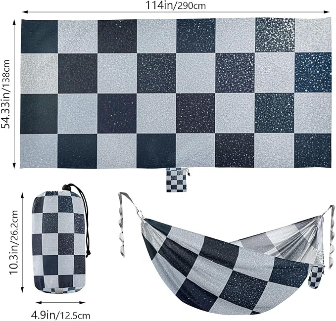 Fake Glitter Checkerboard Squares White Navy Blue 330lb Capacity Outdoor Hammock with Hanging Ropree Hammock for Patio Backyard Lounge Base Bases para hamacas para adultos