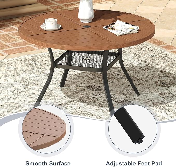VICLLAX 5 Pieces Patio Outdoor Dining Set, 4 Swivel Textilene Chairs and 40.6" Round Metal Table with Umbrella Hole for Porch, Deck, Garden, Walnut/Brown