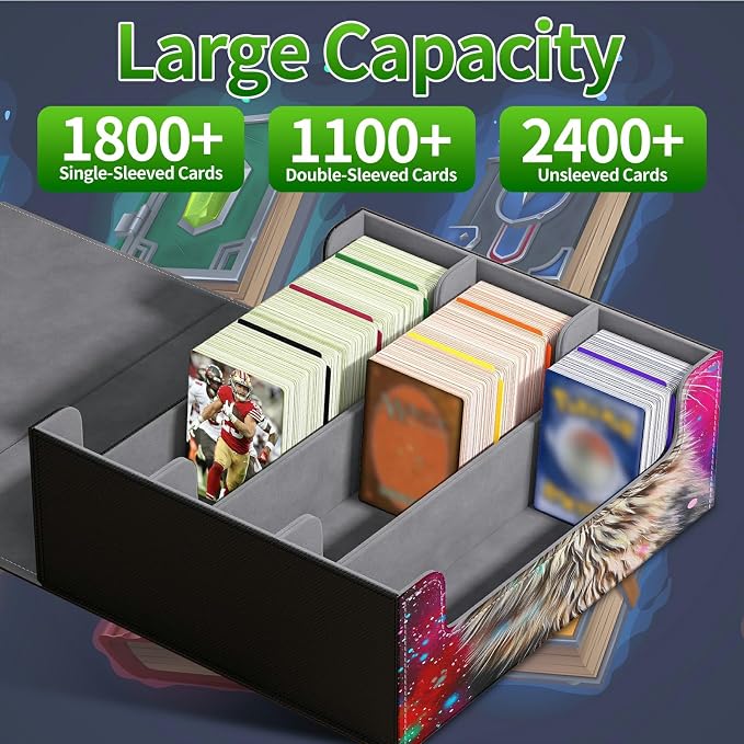 Card Deck Box for MTG, Cards Storage Box Fits 120+ Sleeved, Leather Big Size Strong Magnetic Closing Case for Board Games Magic TCG CCG Baseball Collection Women Man, Cute Blue Eyed Cat