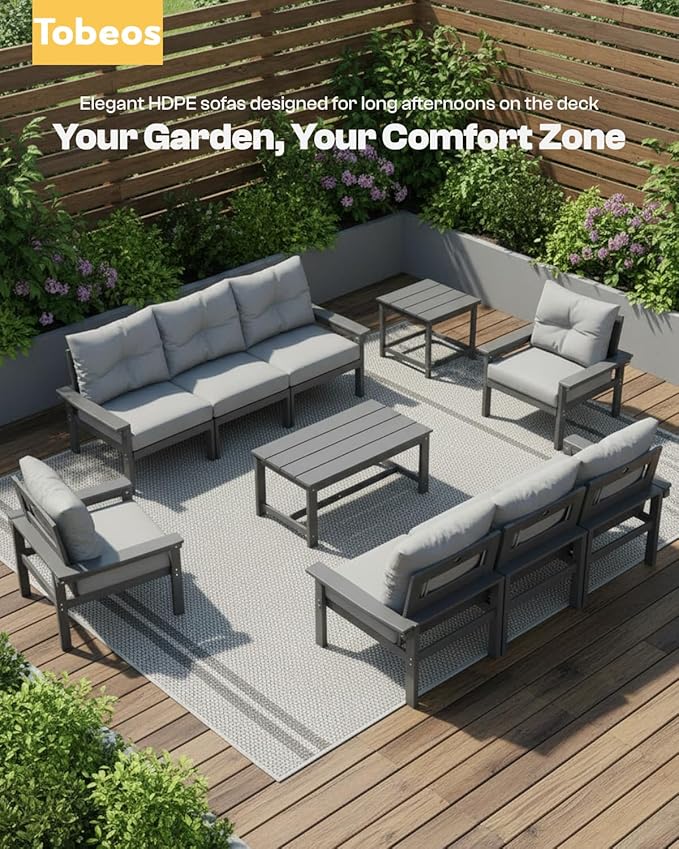 HDPE 7 Piece Patio Furniture Set, All-Weather Outdoor Couch Set with Thick Cushions & Coffee Table & Side Table, Patio Conversation Sets for Lawn, Garden, Porch, Balcony, Deck, Grey