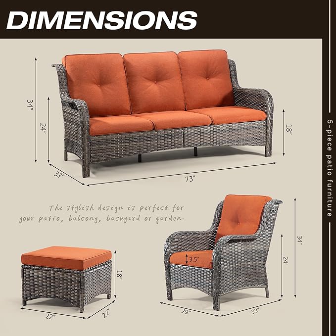 Patio Furniture Set 5-Piece Wicker Outdoor Furniture Conversational Set with 3-Seat Sofa, 2 Armchairs, 2 Ottoman Patio Rattan Wicker Sectional Sofa Set with Olefin Cushions, Orange