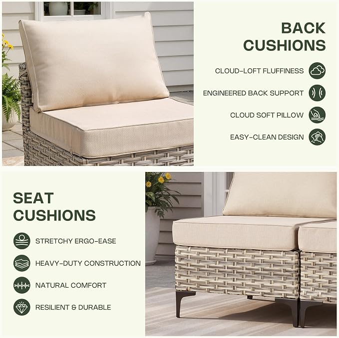 5 Piece Outdoor Sectional Patio Furniture Set with Solar Lighted Coffee Table, Modular Wicker Conversation Set with Flexible L-Shaped Layout for Porch Balcony Backyard, Beige