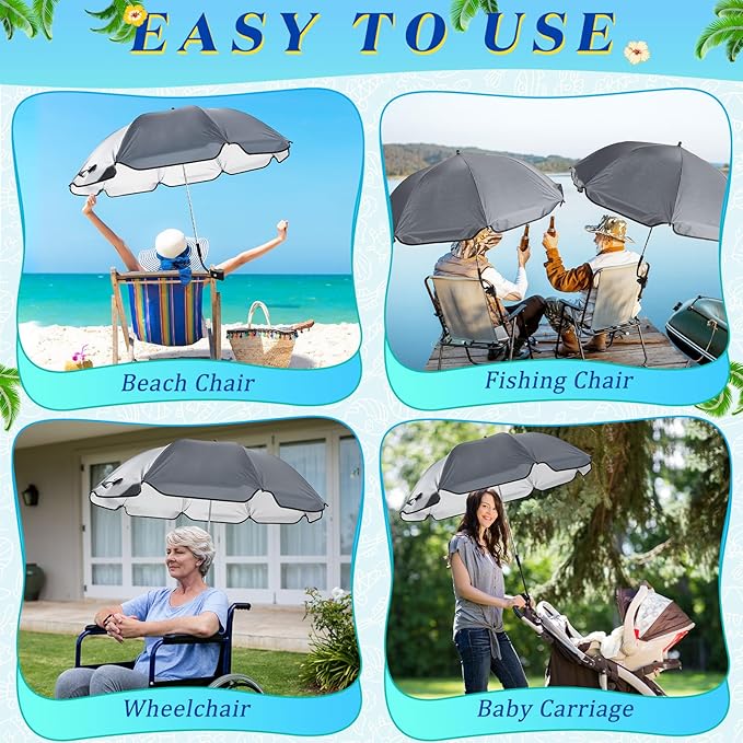 Buryeah 2 Pcs Beach Chair Umbrella Automatic with Universal Adjustable Clamp 44" UPF 50+ Portable Clamp on Beach Chair for Wheelchair Patio Golf Carts Camping