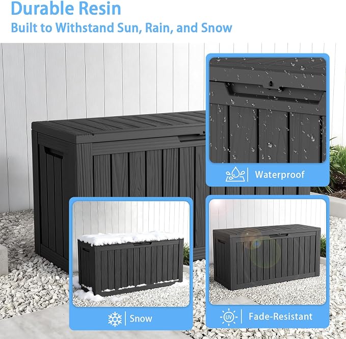 Pepe Tee 80 Gallon Waterproof Resin Deck Box, Outdoor Storage Bin for Patio Furniture Cushions, All-Weather Garden Organizer & Seating Bench, Black