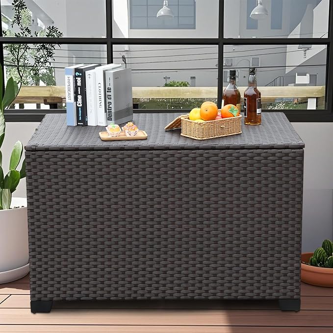 Rattan Star 140 Gallon Patio Storage Bin Wicker Outdoor Storage Box Waterproof Lining Bag Large Deck Box and Cushion Storage Bin Outdoor, Brown Wicker