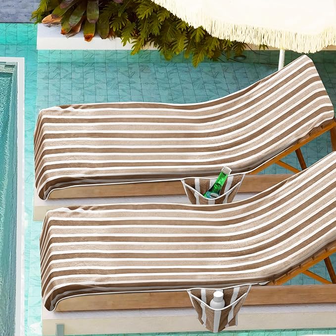 Lounge Chaise Chair Towel Cover, Pack of 2,Ultra Plush & Absorbent Micro Fleece Towel Cover for Pool,Beach,Outdoor(Garden,Courtyard) | Faster Drying,Non-Slip, 2 Side Pockets | 85" x 30"-Brown