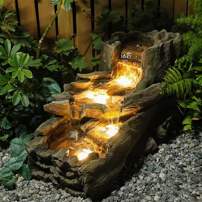 Sunlinua 34.25" L Outdoor Water Fountain with 3 Tiers Large Cascading Realistic Tree Trunk Waterfall Fountains with LED Lights Outdoor Water Fountain for Garden Patio Backyard Porch Home Decor