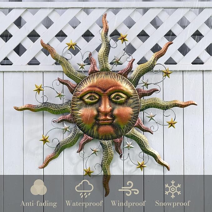 TERESA'S COLLECTIONS Sun Metal Wall Art for Outdoor Decor,21" Bronze Sun Face 3D Wall Decor for Garden Decor,Rustic Retro Hanging Sculpture for Outside Living Room Home Patio Farmhouse Gifts for Mom