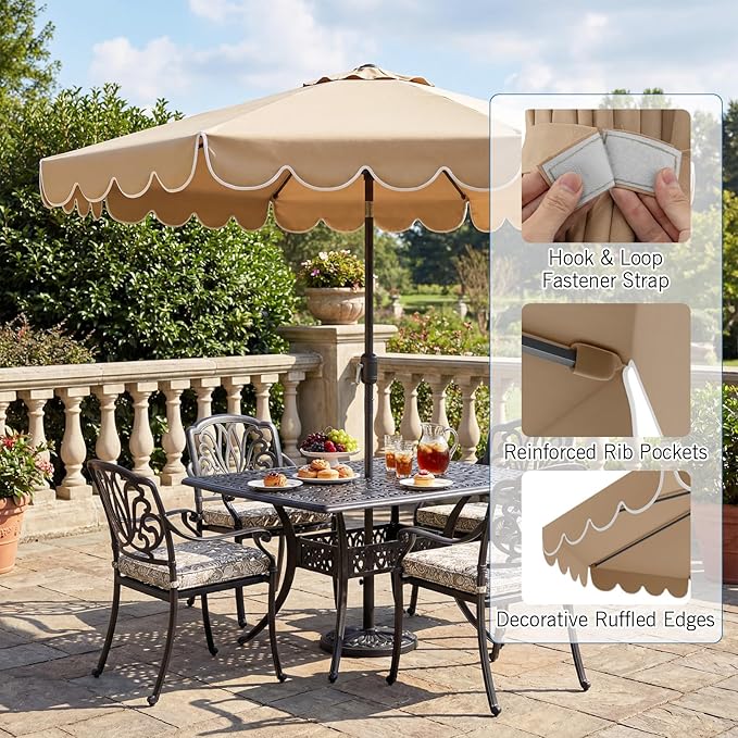 RELAX4LIFE 10 FT Scalloped Patio Umbrella, Market Table Umbrella with Push Button Tilt, Crank, 8 Sturdy Metal Ribs, Vented Top, Sun-Protective Ruffled Canopy, Heavy-duty Outdoor Parasol for Garden Poolside Deck