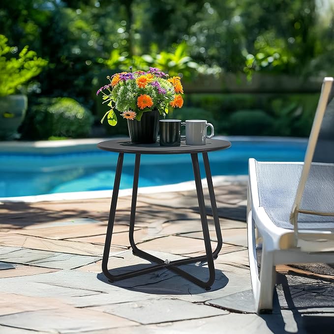 EortheX Small Round Metal Coffee Side Birstro Table – Sturdy & Weather-Resistant Accent Table for Patio, Balcony Indoor Outdoor Use - Metal Black