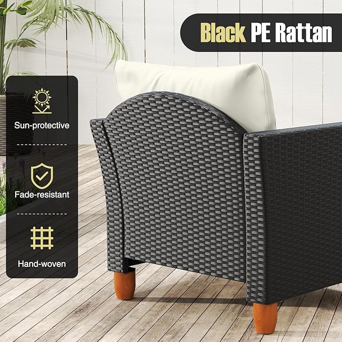 HAPPYGRILL 3-Piece Rattan Patio Conversation Set with Storage Coffee Table, Outdoor PE Wicker Sofa Furniture Set with Cushions for Balcony Backyard Porch Garden