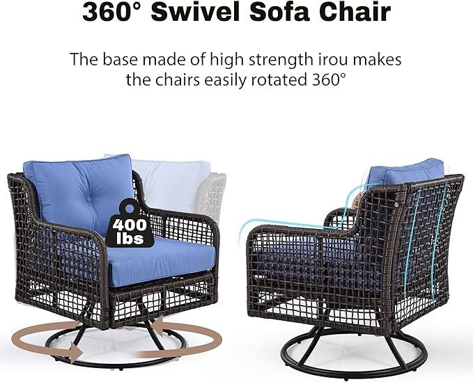 4-Piece Outdoor Wicker Sectional Sofa Set, All Weather Patio Conversation Set with 3-seater Sofa, 2 Swivel Chairs and Coffee Table, Cushions, Suitable for Poolside Backyard Deck (Blue-Swivel)