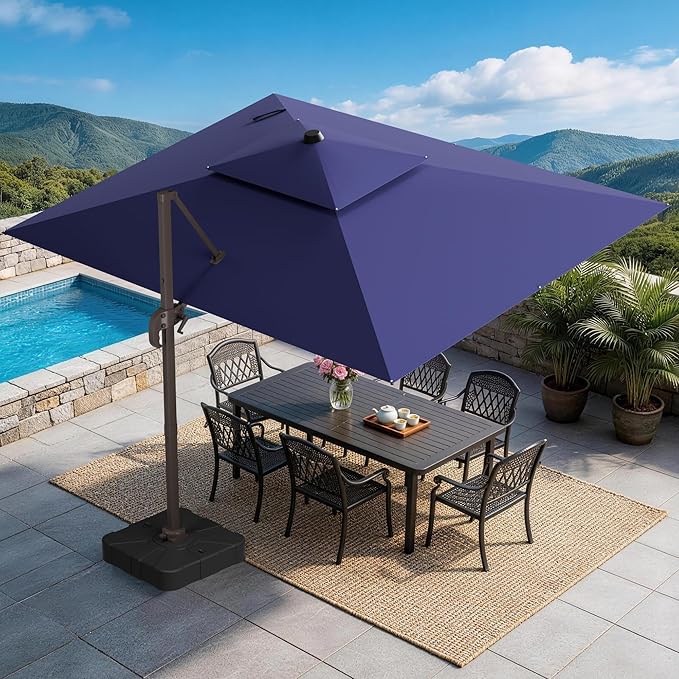 GENTEACO 9x12FT Cantilever Patio Umbrella, Double Top Rectangle Offset Umbrella 7 Angle Tilts & 360° Rotation, Large Heavy Duty Outdoor Sun Umbrella for Pool Market, Navy Blue