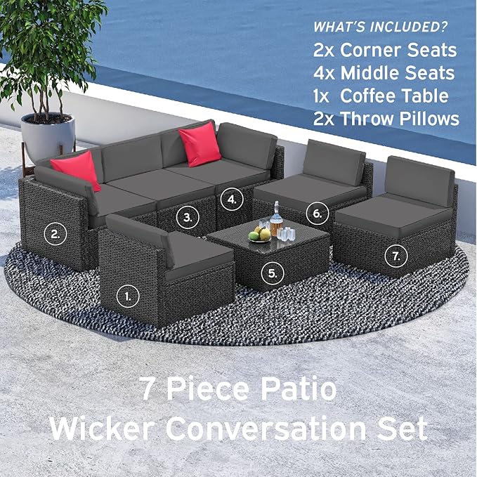 Nestl Outdoor Patio Furniture Sectional, Black Base/Charcoal Grey Cushions