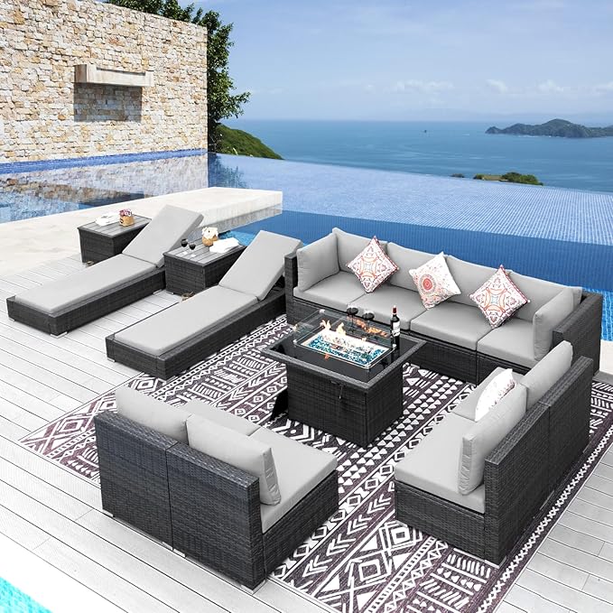NICESOUL 13 Piece Outdoor Sectional w/Fire Pit Table, Luxury Modular Patio Furniture Set w/Chaise Lounge, Plus 29.3'' High-Back Seating Sofa, All-Weather Deck Couch for Poolside, Yard, Light Grey