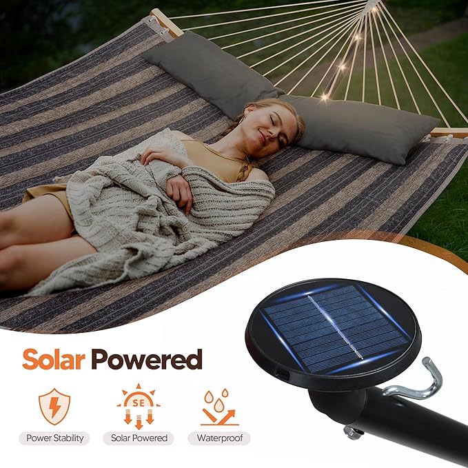 SUNCREAT Double Outdoor Hammock with 12 ft Stand, Stand Alone Hammock with Solar Powered Lights, Gray Stripes