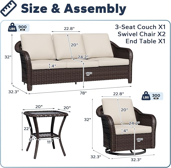 4 PCS Patio Conversation Set | 78" Couch, 2 Swivel Chairs, 1 Side Table， Outdoor Wicker Conversation Furniture with Removable Cushions for Bistro, Deck, Sunroom(Beige)