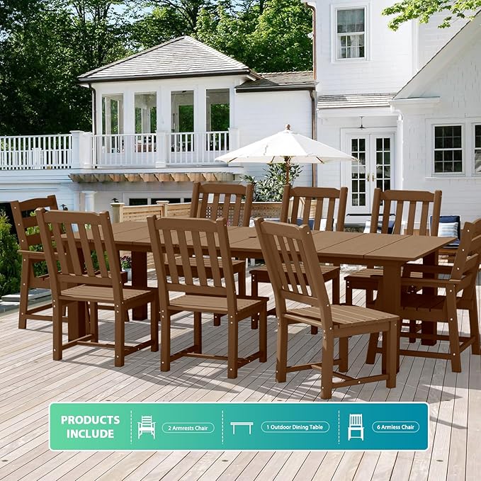 LOUNZY 9 Pieces Patio Dining Sets, Outdoor HDPE Furniture Set for 8 w/ 2" Hole Cut-Out Dining Table with 8 Patio Chairs(2 W/Armrest, 6 w/o Armrest), Brown
