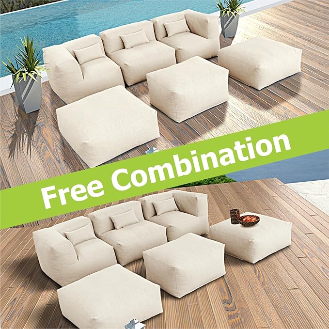 Patio Furniture Set Bean Bag Chairs PortoCervo 6PC Outdoor Chairs Sectional Conversation Patio Set Daybed Furniture Outdoor Sofa Couch High Density Foam Filling Modern Comfy Patio Couch (Light Beige)