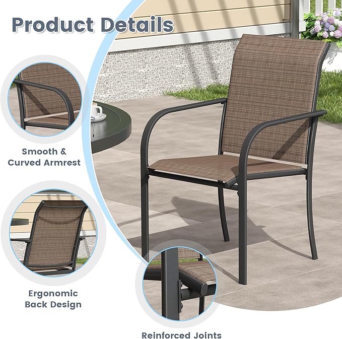 VICLLAX 9 Pieces Patio Outdoor Dining Set, 53" Round Metal Table with Umbrella Hole and 8 Stackable Textilene Chairs for Patio, Lawn, Garden, Porch, Black/Brown
