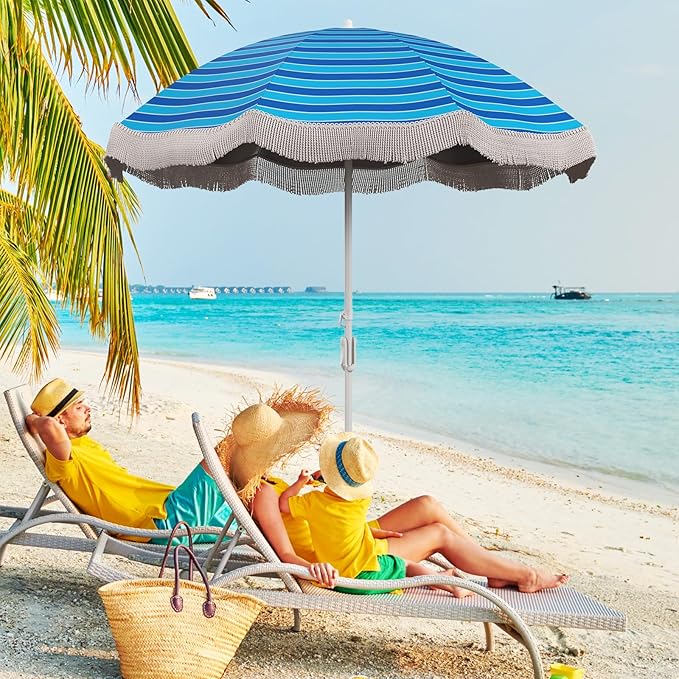 6.5 FT Outdoor Fringe Umbrella, UV 50+ Protection Boho Umbrella with Sand Anchor, Tilt Sun Shelter& 8 Ribs, Portable Beach Umbrella with Carry Bag, Vintage Patio Umbrella for Deck Poolside