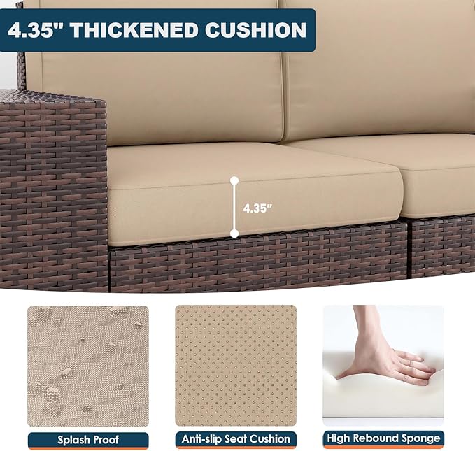Patio Furniture Set, 12 Pieces Outdoor Sectional Sofa Conversation Sets with Waterproof Cover Modern Wicker Seating Set, 4'' Thickened Cushions & 2 Glass Coffee Table, Beige