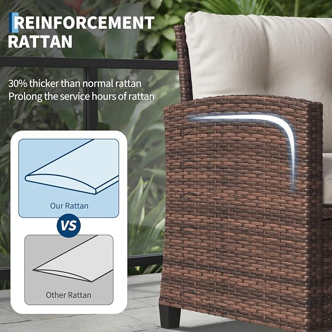 3-Piece Outdoor Patio Furniture Set, PE Rattan Wicker Chairs with Tempered Glass Side Table & Washable Cushions, All-Weather Conversation Set for Porch, Deck, Balcony or Garden (Brown/Beige)