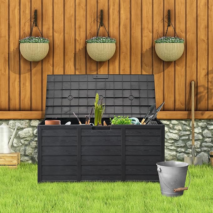 75 Gallon Waterproof Outdoor Storage Box 280L Deck Box with Wheels Lockable UV Resistant Patio Storage for Tools Cushions Toys Black