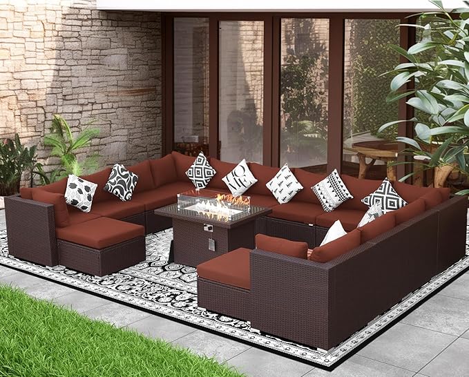 NICESOUL 15 Piece Outdoor Sectional with Fire Pit Table, Modern Luxury Patio Deep Seating w/Firepit, 29.3'' High-Back Wicker Couch Thick, Big High-Weight Capacity Sofa for Garden, Yard, Brown & Red