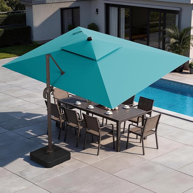 GENTEACO 9x12FT Cantilever Patio Umbrella with Base Included, Double Top Rectangle Offset Umbrella 7 Angle Tilts & 360° Rotation, Large Heavy Duty Outdoor Sun Umbrella for Pool Market, Turquoise Blue