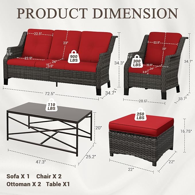 6 Pieces Patio Furniture Set, Outdoor Furniture Set with 2 Patio Chairs, 2 Ottoman, 1 Outdoor Wicker Sofa, 1 Metal Table, Ideal for Backyard, Garden, Poolside, Red