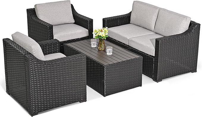 HAPPATIO 4 Piece Patio Conversation Set,Outdoor Sectional,All-Weather Patio Furniture Set(BrownGrey)