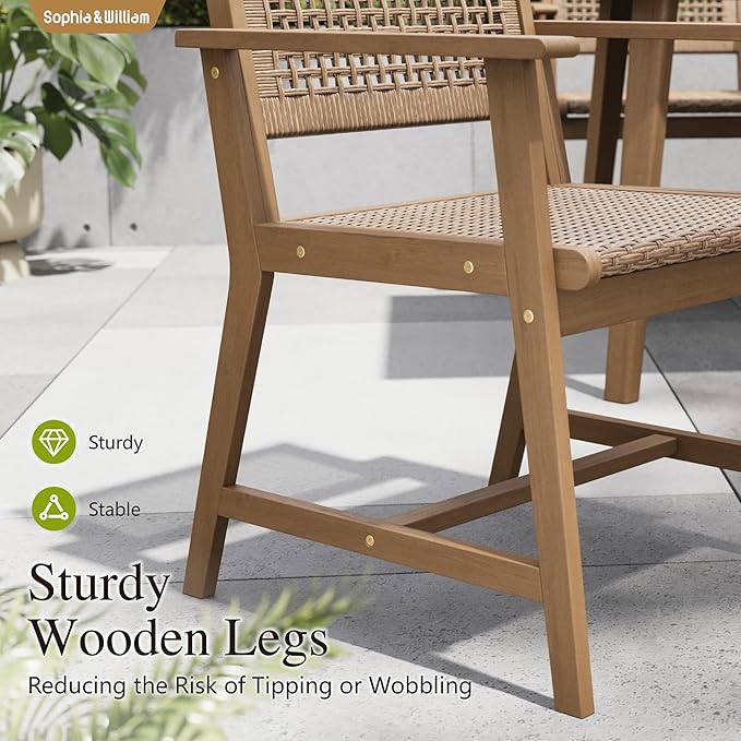 Sophia & William Patio Dining Chairs Outdoor 2 Pieces Hand Woven Wooden Rattan, Acacia Wood Outside Chair with Rattan Seat & Back for Porch Backyard Set of 2(Light Brown)