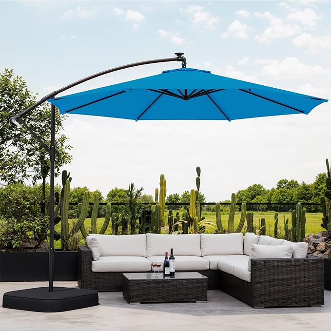 EROMMY 10FT Patio Umbrella with Base Included, Outdoor Offset Cantilever Umbrella, Infinite Tilt, Crank and Cross Base, UV Protection for Backyard, Lawn, Garden & Pool