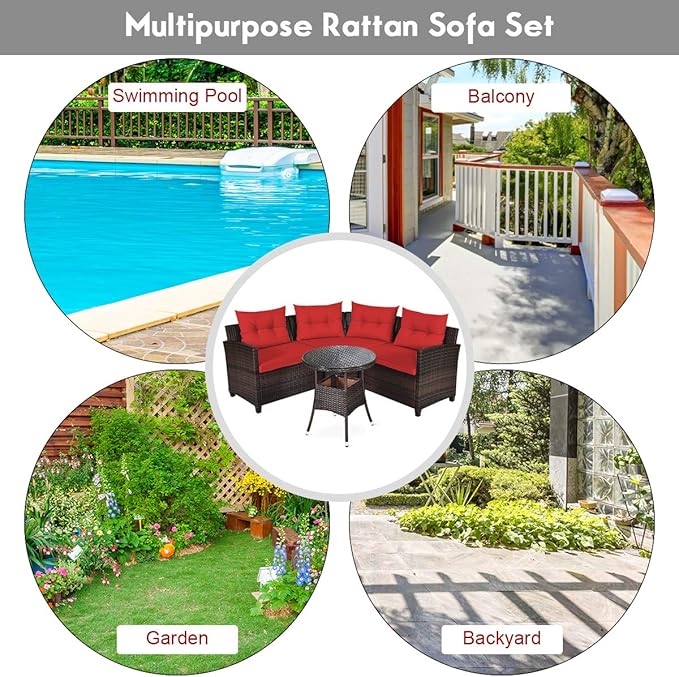 Tangkula 4-Piece C Shape Patio Furniture Set, Outdoor Corner Wicker Rattan Sectional Cushioned Sofa Set, with Glass Coffee Table, for Garden Poolside Balcony (Red)