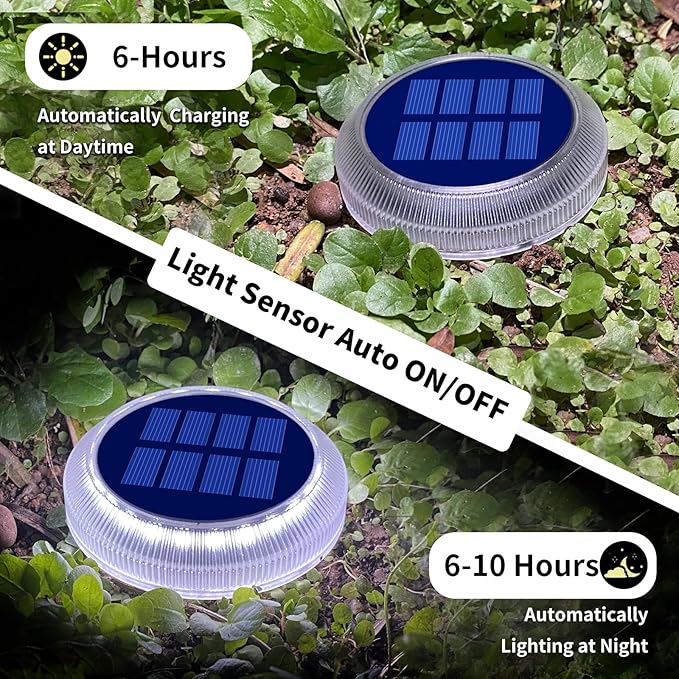 DetarZinLED Solar Deck Lights Outdoor Waterproof, 6 Pack White Round Deck Lights Solar Powered, Flat Stick on Ground Disc Light for Outdoor Pathway Driveway Step Yard Dock Walkway Patio