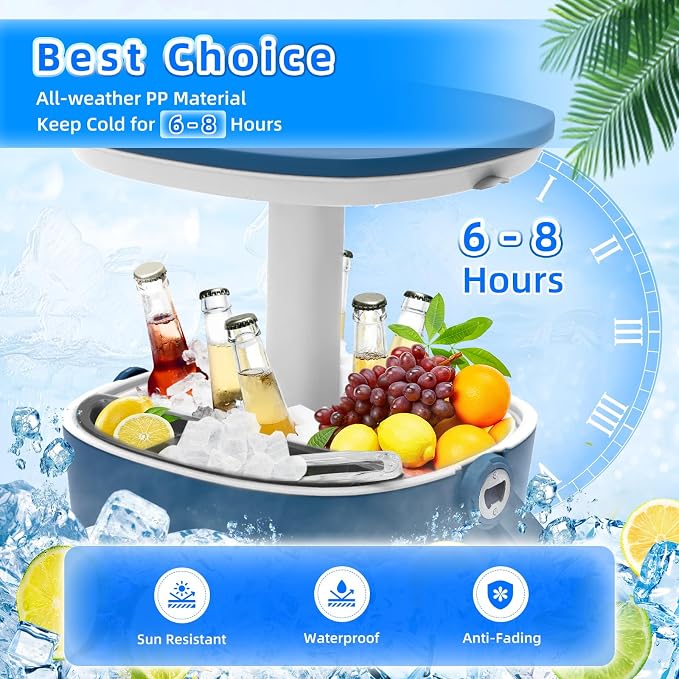 Portable Outdoor Ice Cooler Bar, 15-Can Blue Multifunctional Side Table with Snack Tray, Hidden Bottle Opener & Food Clips, Lightweight for Indoor/Patio Use, Camping, Poolside, Party