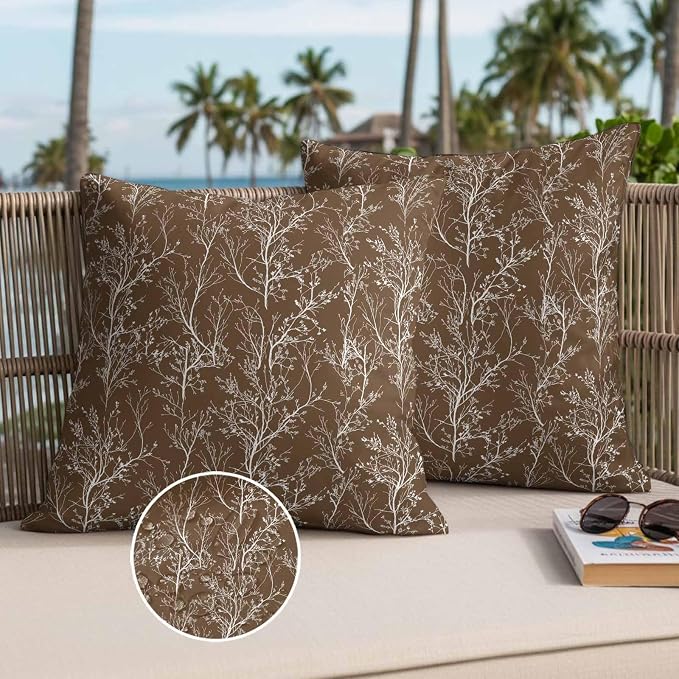 Brown Branches Waterproof Outdoor Pillow Covers Set of 2 Home Decor, Abstract Art Leaves Plant Pillowcase Patio Pillow Covers for Couch Bench Patio Furniture Garden 24x24in