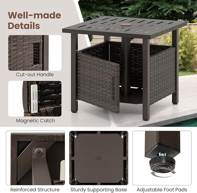 RELAX4LIFE Wicker Outdoor Side Table - Rattan Square Patio End Table with 1.93’’ Umbrella Hole, 2 Weighted Sand Bags & Rustproof Frame, Outside Umbrella Stand for Garden Deck Porch Poolside Backyard