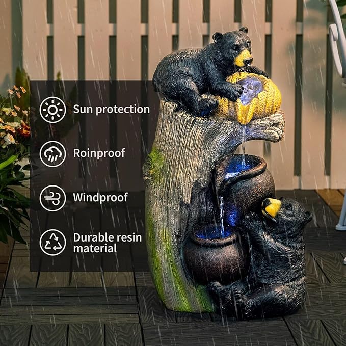 Bear Outdoor Water Fountain with LED Lights Cascading Resin Fountains with Pump for Patio Yard Balcony 23.62'' Garden Fountains Outdoor Water Fountain Decor